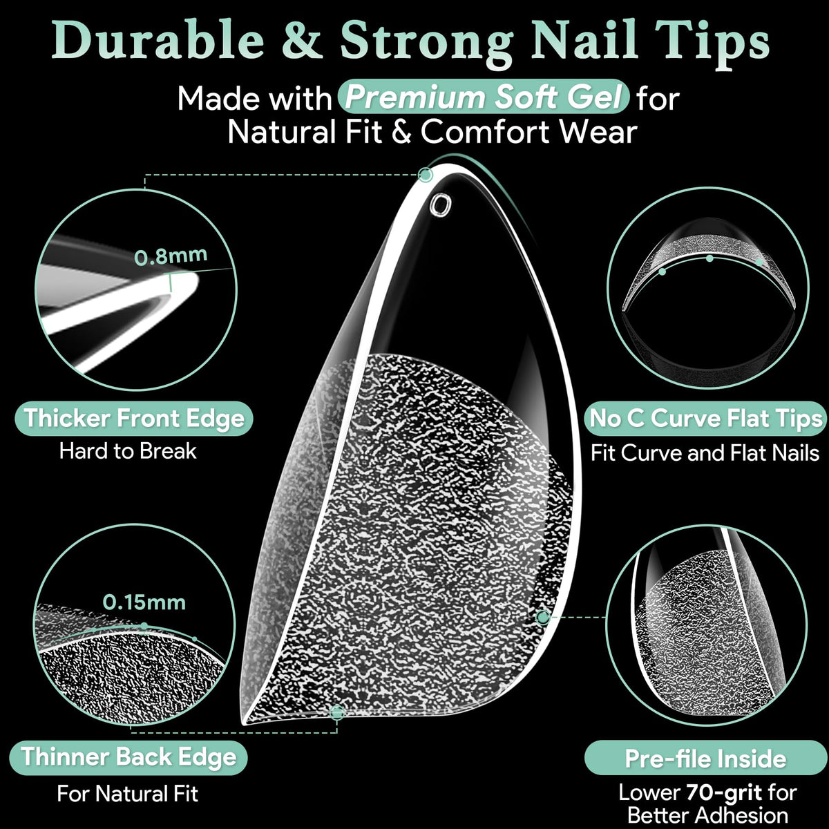 LEYKOSH Short Almond Nail Tips displayed in various sizes