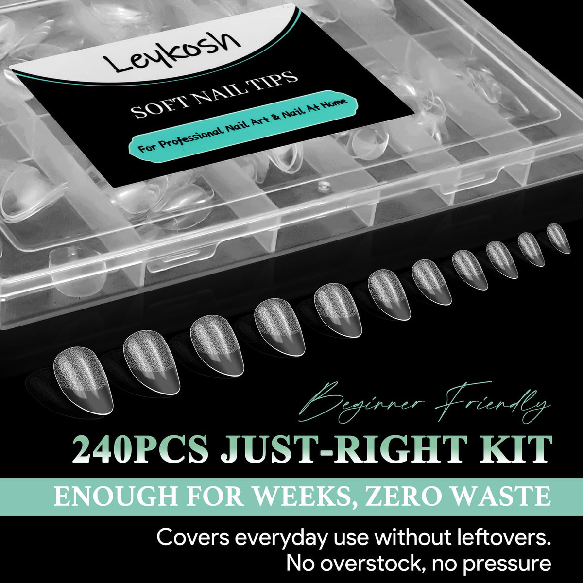LEYKOSH Short Almond Nail Tips showcasing durability and design