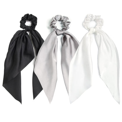 LFOUVRE 3PCS Hair Scarf Scrunchies in black, white, and gray