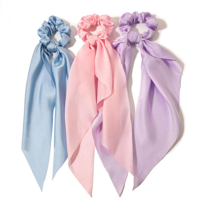 LFOUVRE Hair Scarf Scrunchies set in blue, lilac, and pink