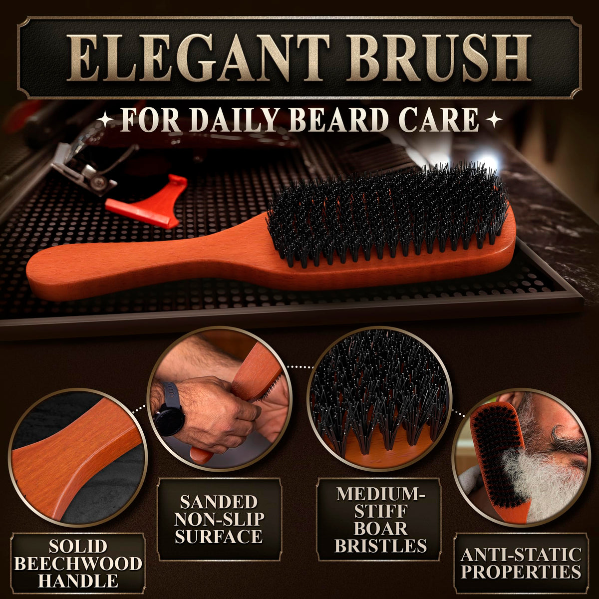 LIBERHAUS Men's Beard Brush back view highlighting wooden construction