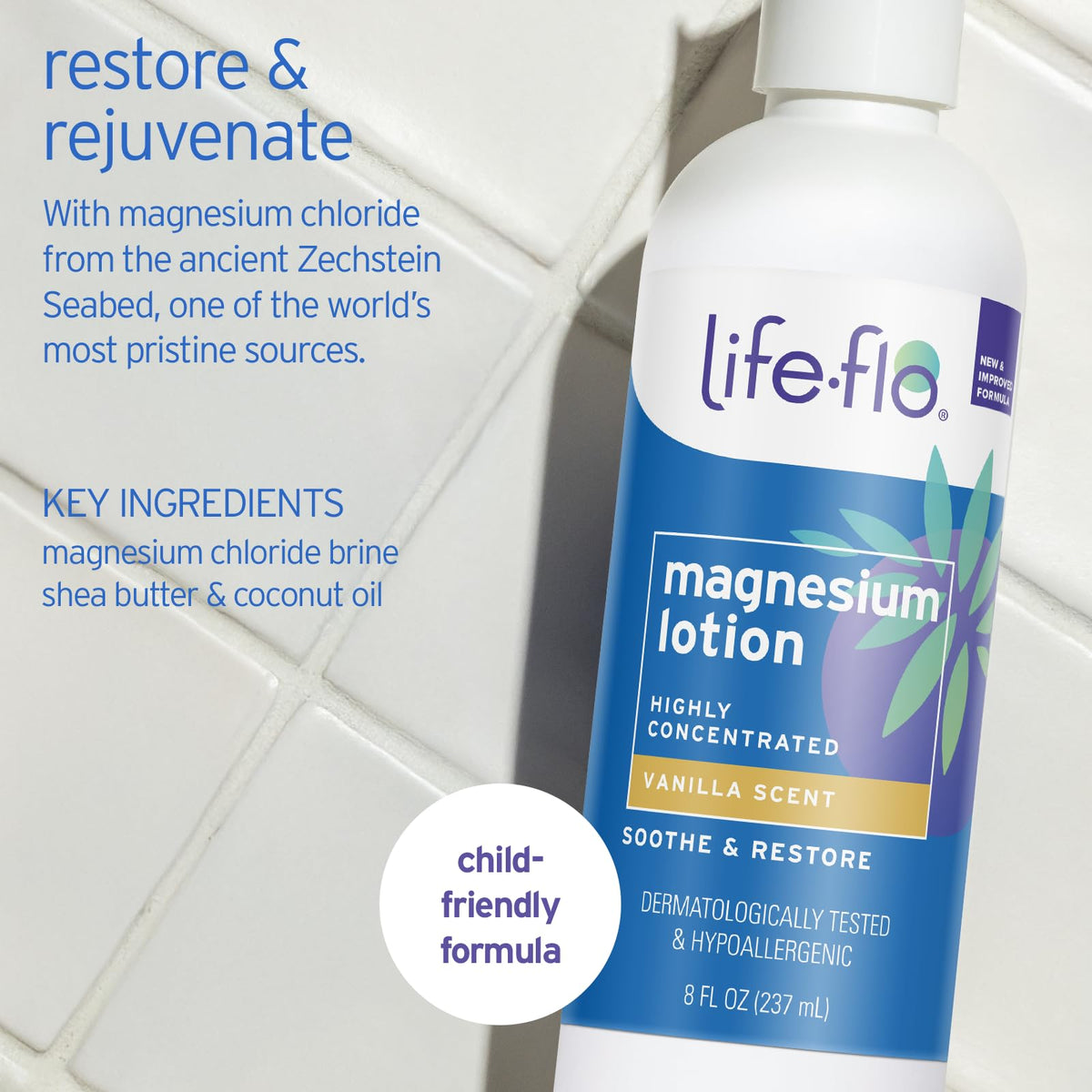 LIFE-FLO Magnesium Lotion 8oz back view showing ingredients