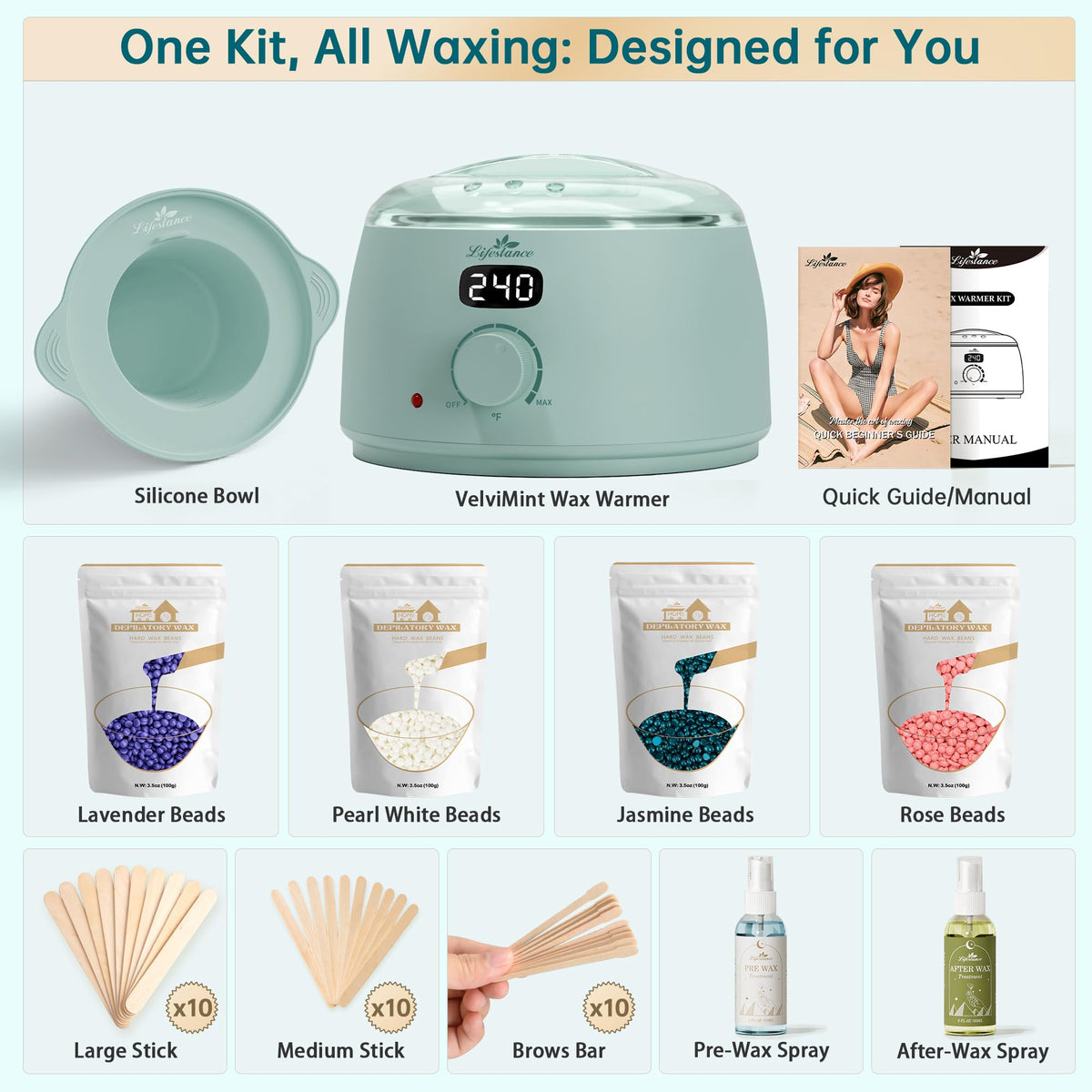 Lifestance Waxing Kit accessories including sticks and oil sprays
