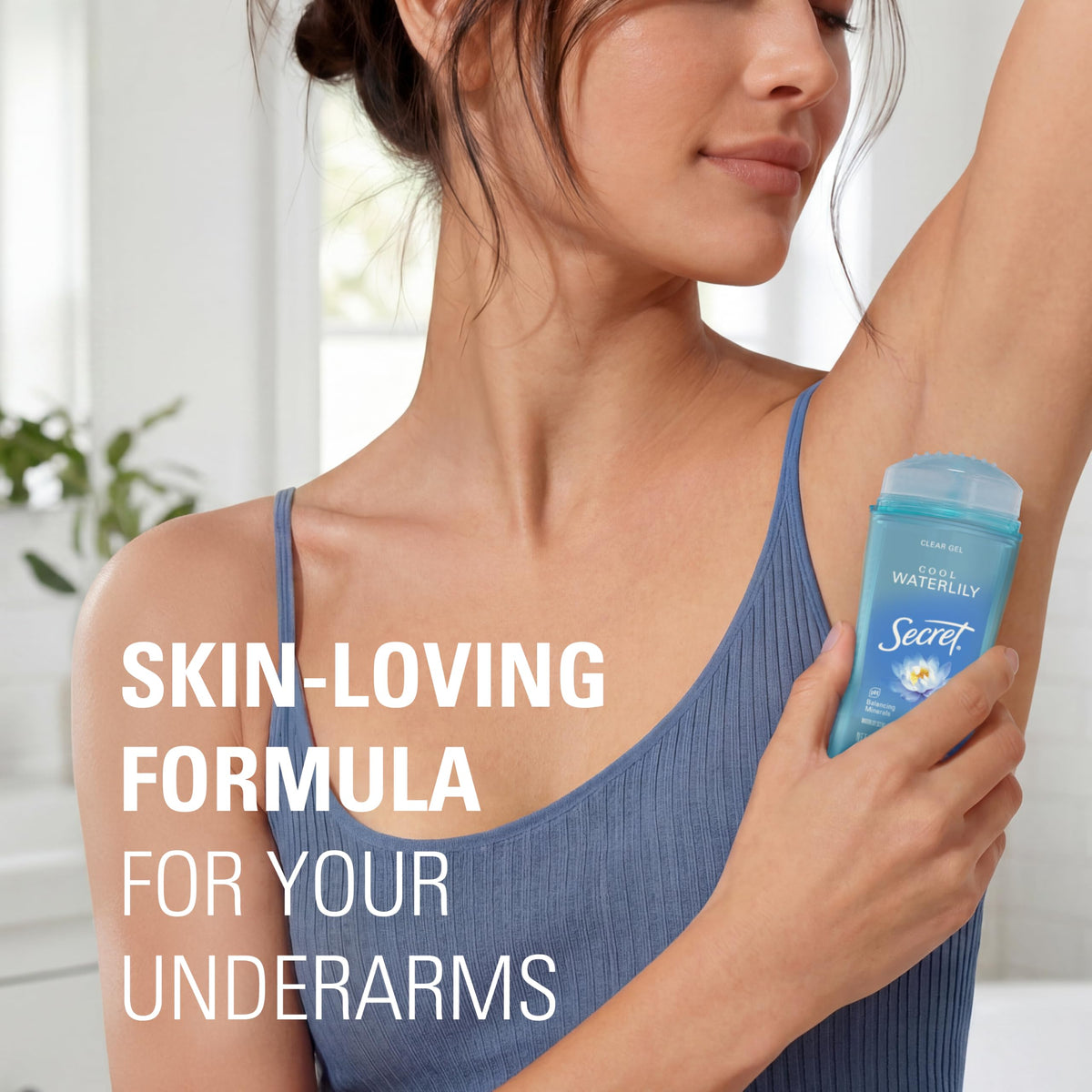 Lifestyle image featuring Secret Antiperspirant Deodorant on a bathroom shelf