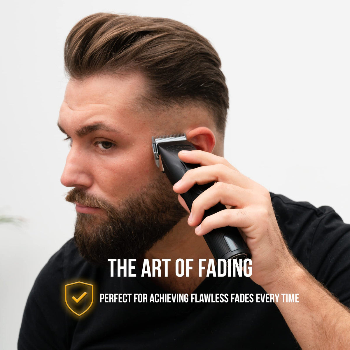 Lifestyle image of a barber using NOVAH Grooming hair clippers on a client