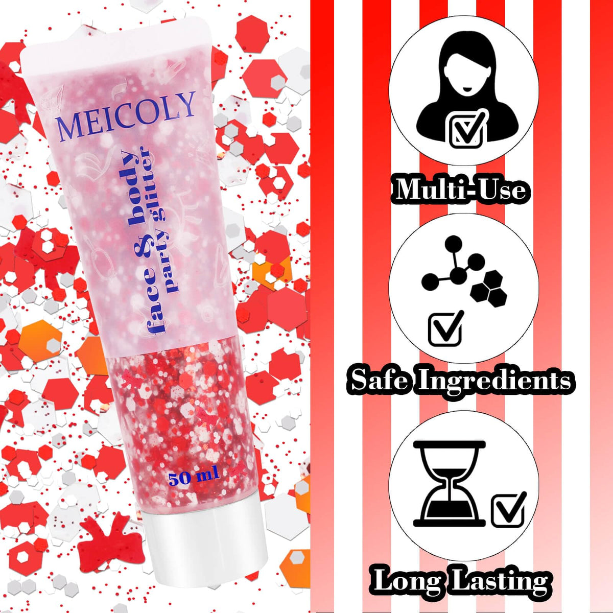 Lifestyle image of a child wearing MEICOLY Red Face Glitter at a reading event