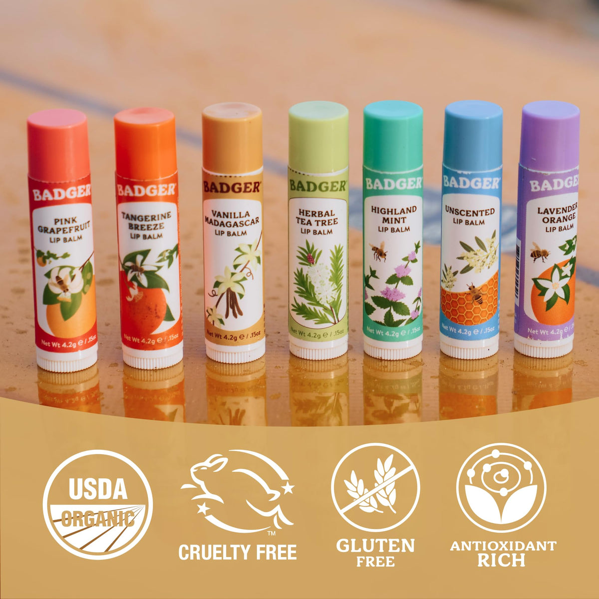 Lifestyle image of Badger Vanilla Lip Balm on a table