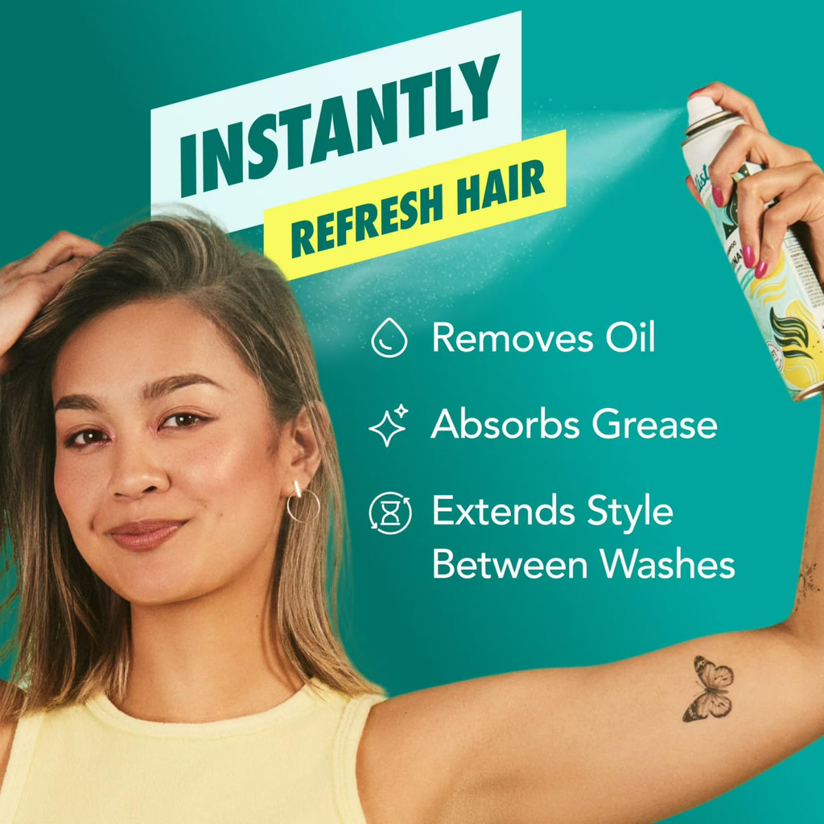 Lifestyle image of Batiste Dry Shampoo in a bathroom setting