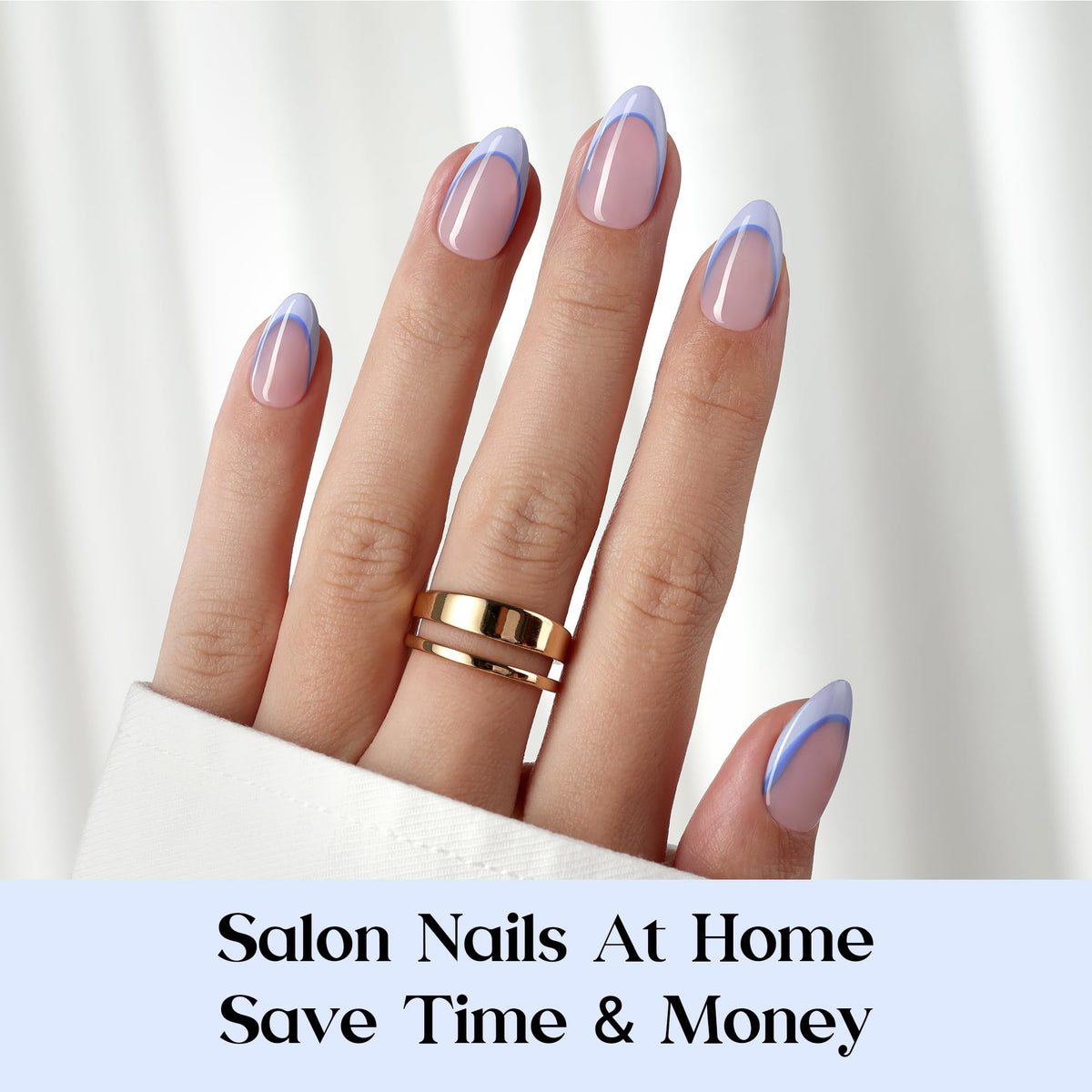 Lifestyle image of Beetles Blue French Tips Press On Nails applied on hands