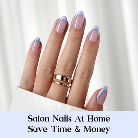 Lifestyle image of Beetles Blue French Tips Press On Nails applied on hands