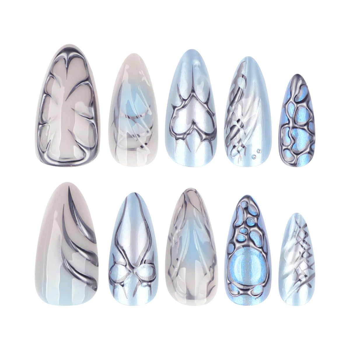 Lifestyle image of CTTHNBD blue press on nails worn on hands