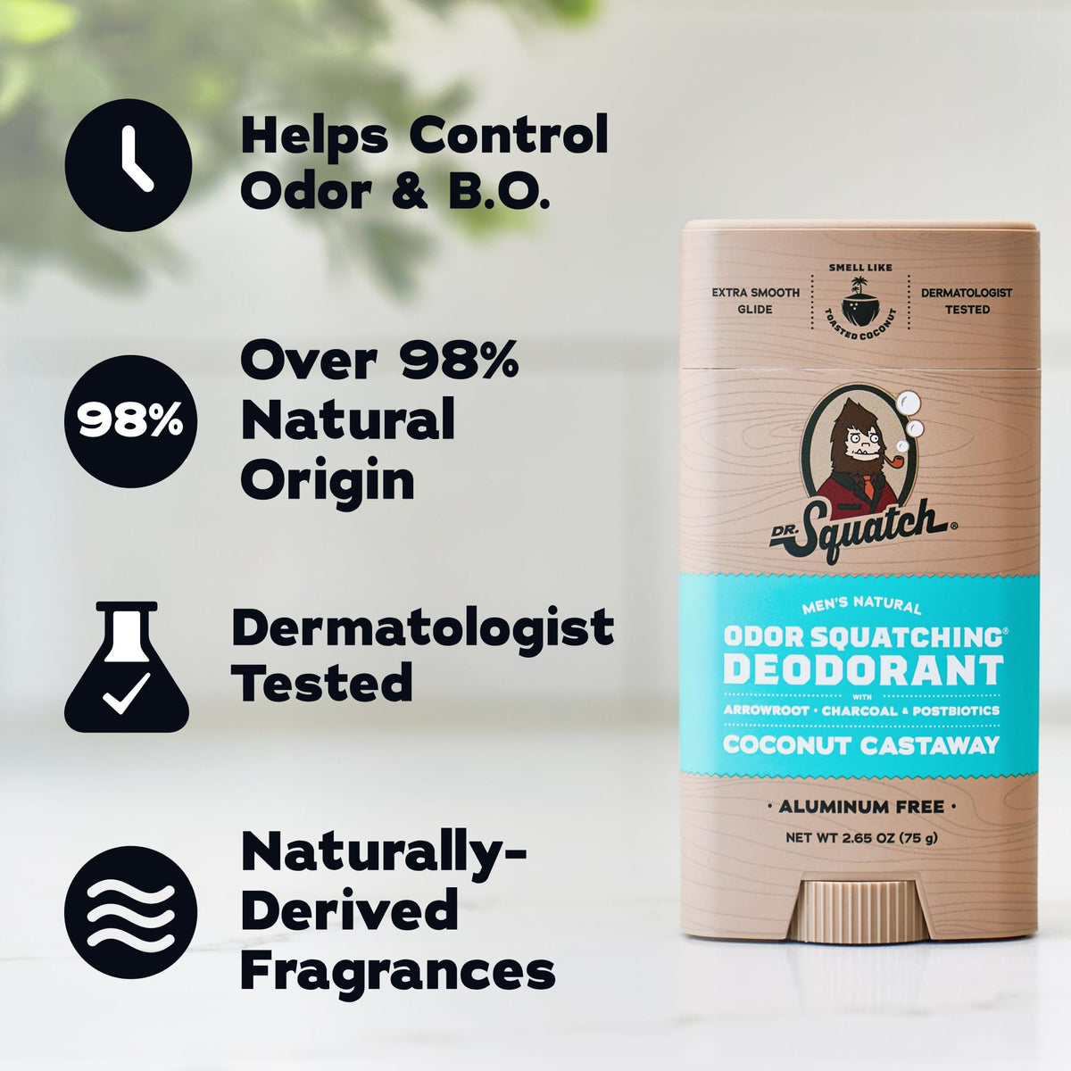 Lifestyle image of Dr. Squatch deodorant in bathroom setting