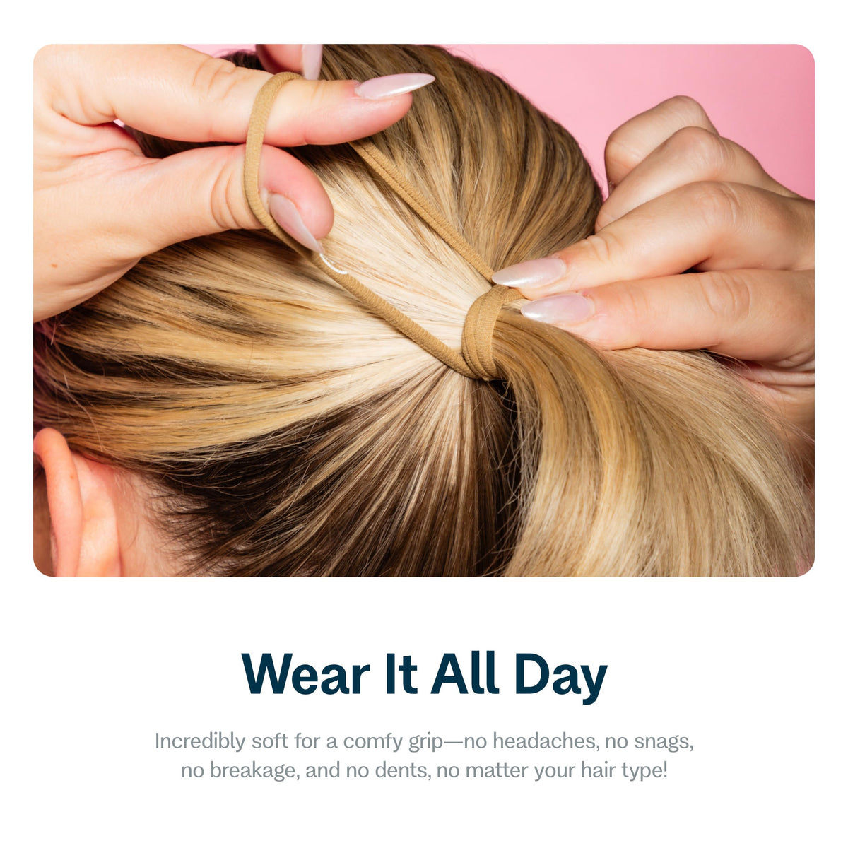 Lifestyle image of GIMME elastic bands in use on a ponytail