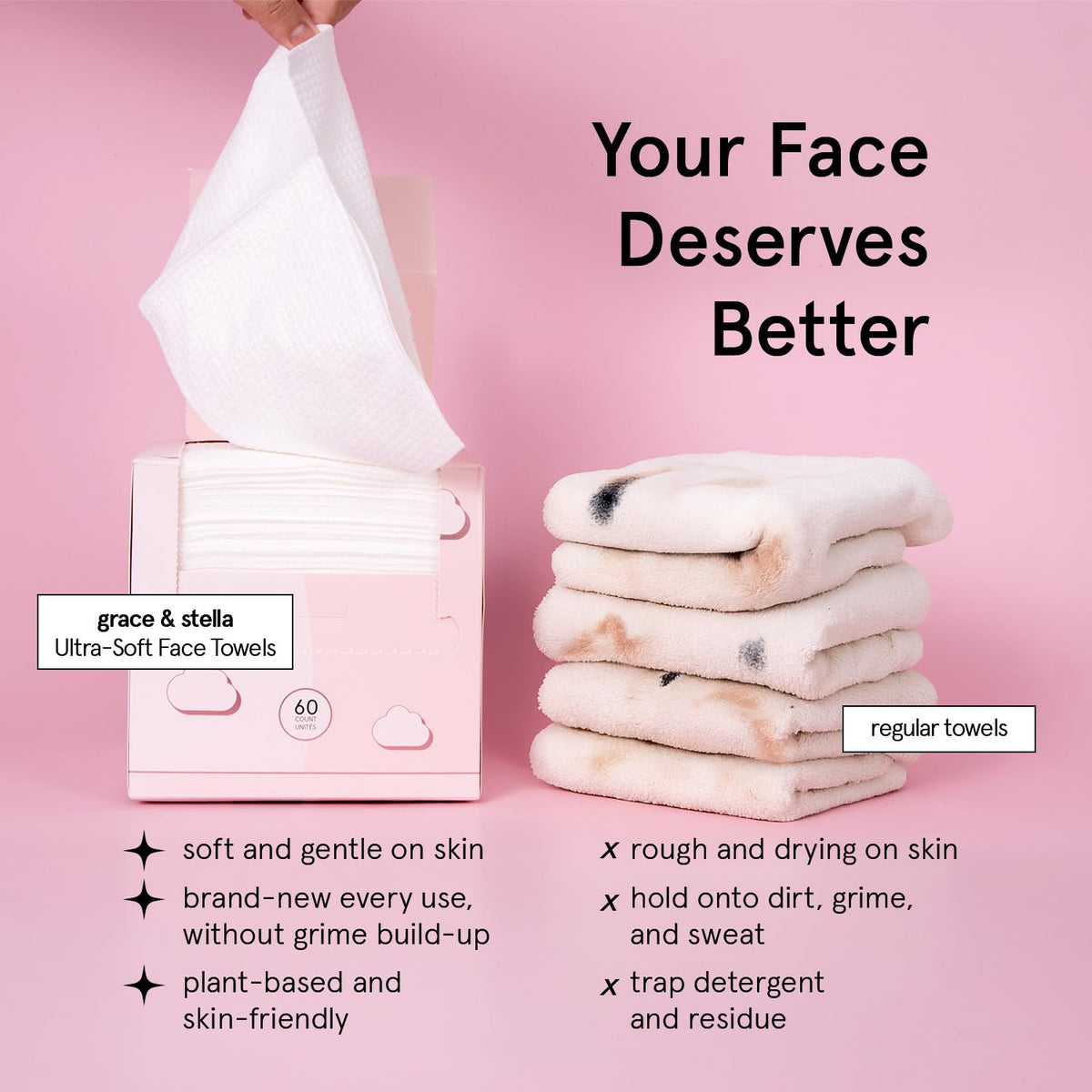 Lifestyle image of grace & stella face towels on a bathroom counter