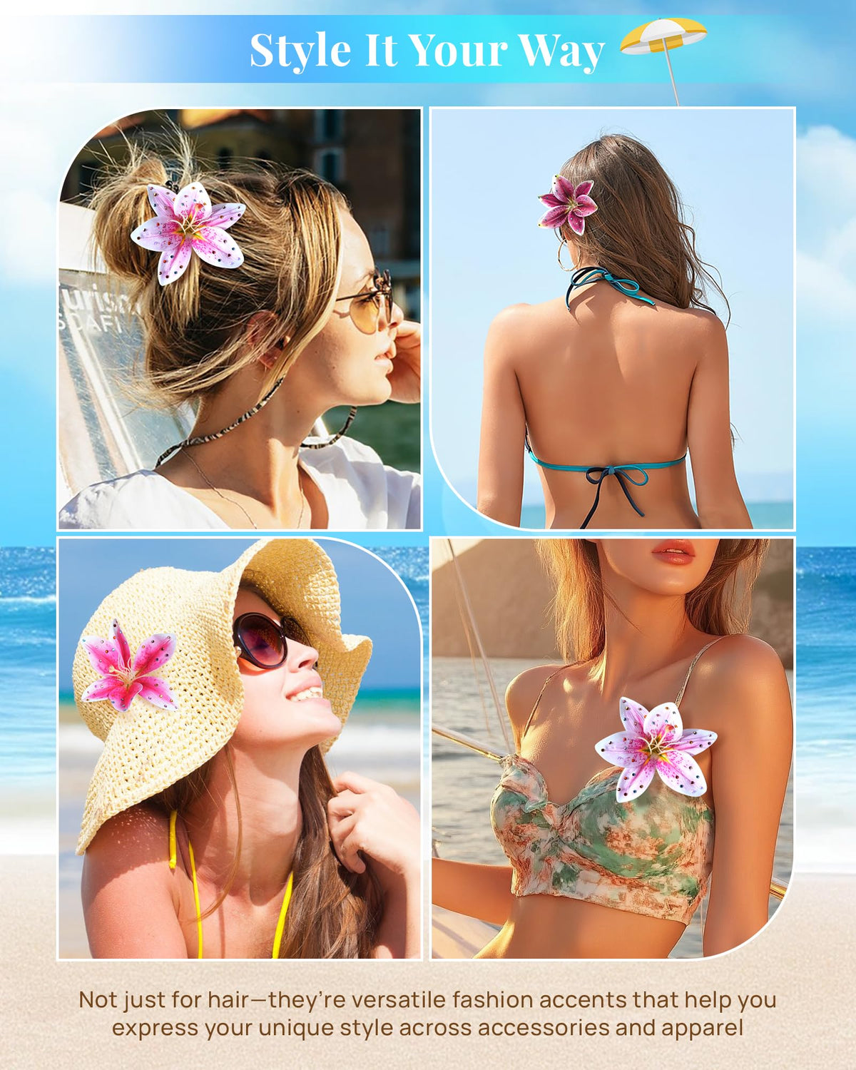 Lifestyle image of Mesovor Hawaiian Flower Hair Clip worn at the beach