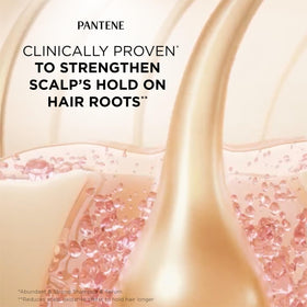 Lifestyle image of Pantene Abundant & Strong products on bathroom shelf
