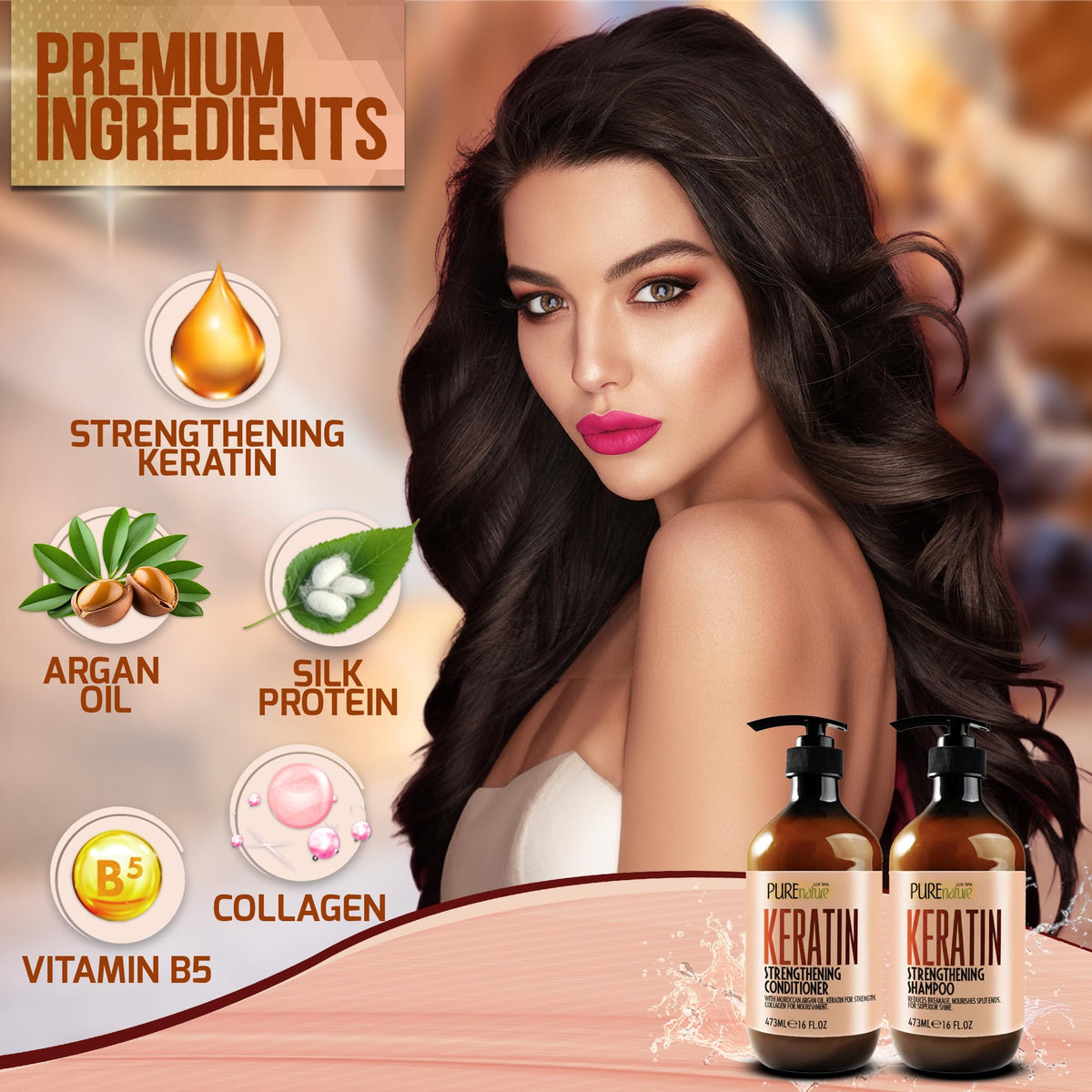 Lifestyle image of PURE NATURE LUX SPA Keratin Set on bathroom shelf