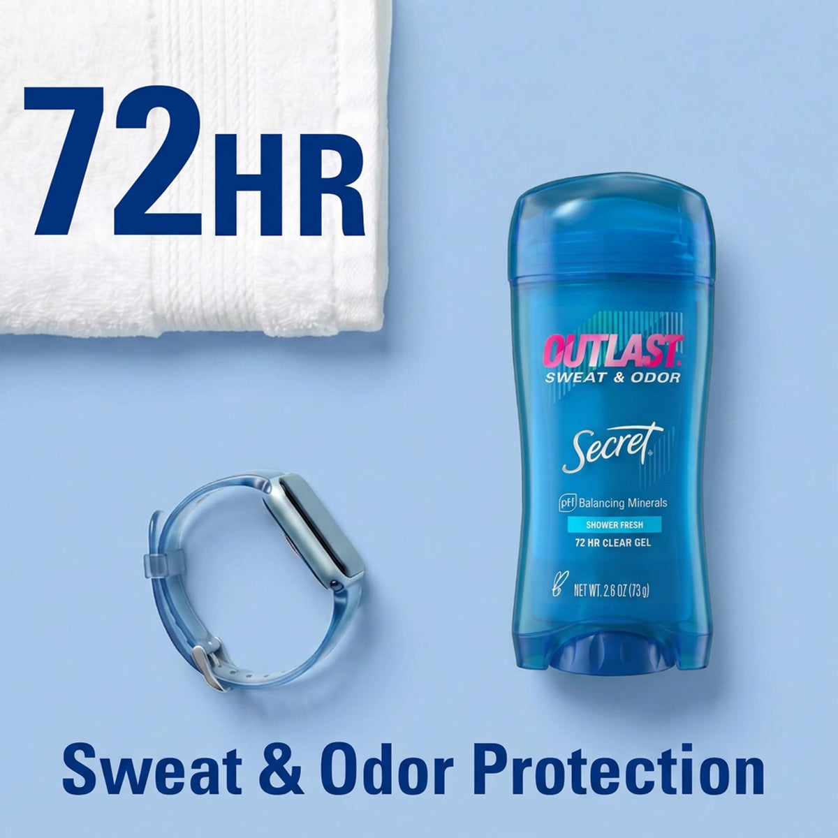 Lifestyle image of Secret Outlast Antiperspirant Deodorant on a bathroom shelf