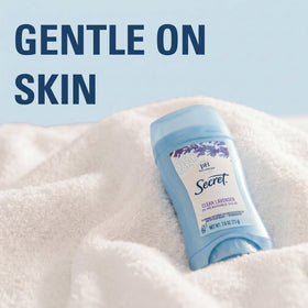 Lifestyle scene featuring Secret Antiperspirant Deodorant on a bathroom shelf