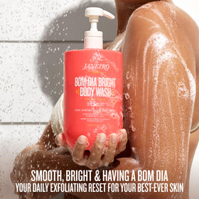 Lifestyle scene featuring Sol de Janeiro Bom Dia Bright Body Wash in a bathroom