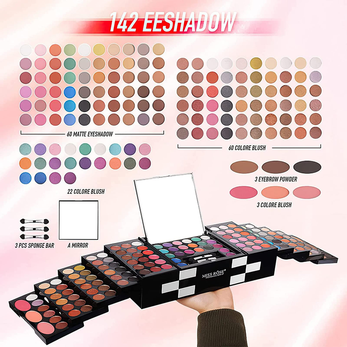 Lifestyle scene of a woman applying makeup with MISS ROSE M kit