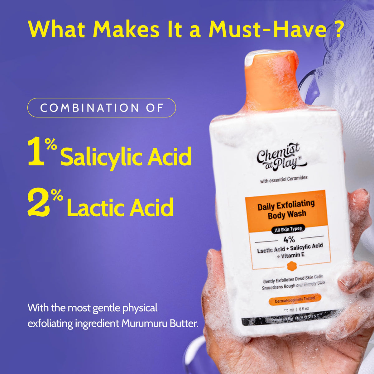 Lifestyle scene of Chemist at Play Exfoliating Body Wash in a bathroom