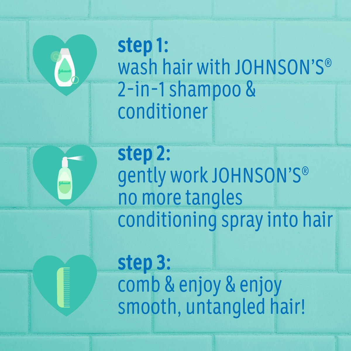 Lifestyle scene of child using Johnson's Baby No More Tangles 2-in-1 Shampoo & Conditioner
