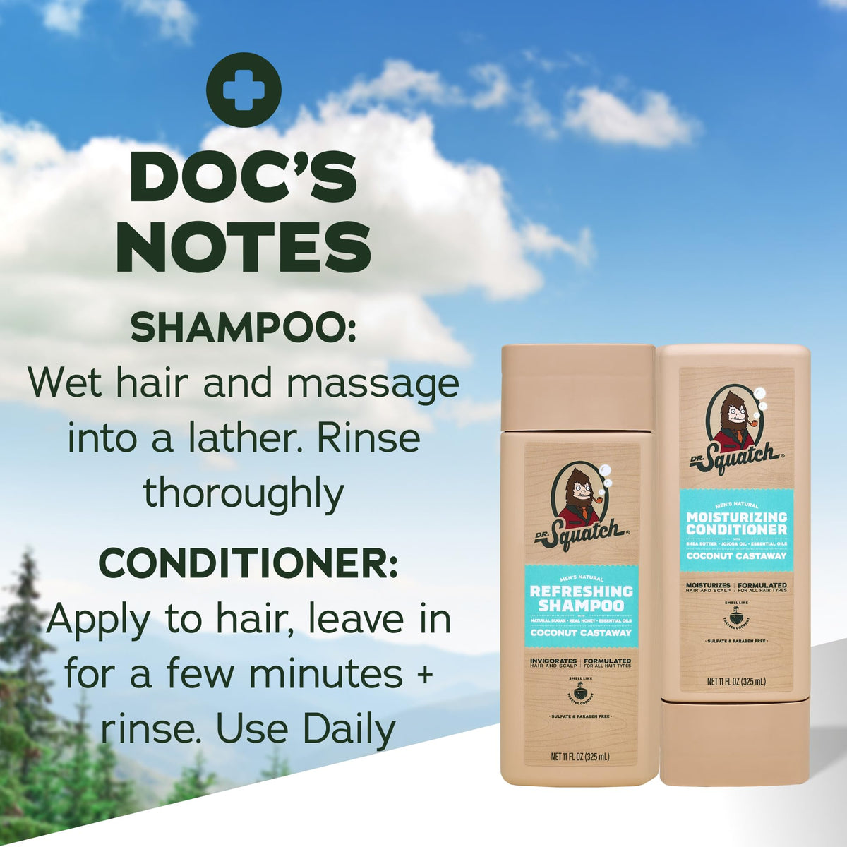 Lifestyle scene of Dr. Squatch Men's Natural Shampoo and Conditioner in a bathroom setting