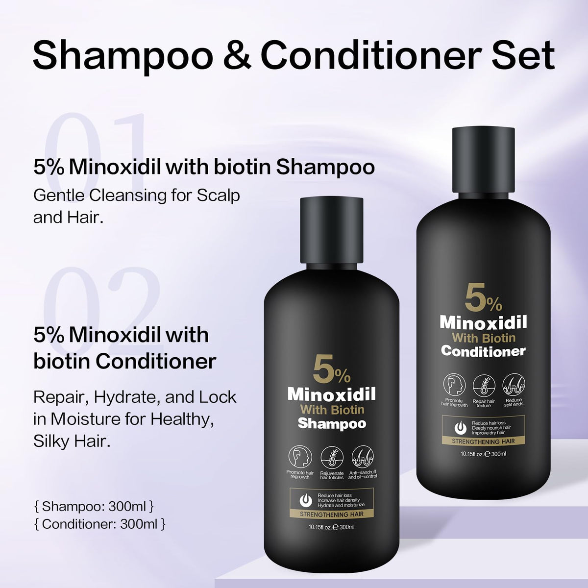 Lifestyle scene of Minoxidil Shampoo & Conditioner in bathroom