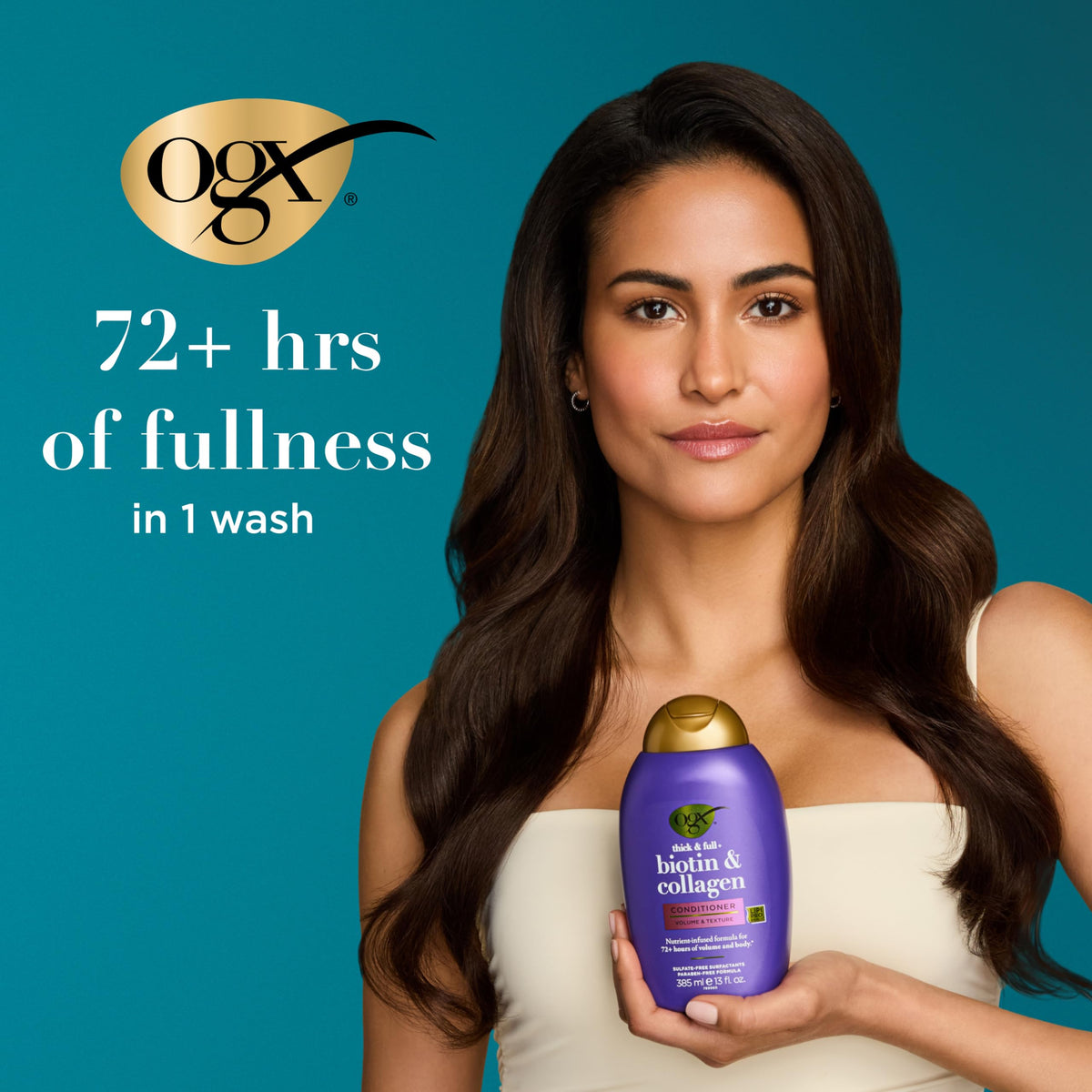 Lifestyle scene of OGX Thick & Full Biotin & Collagen Shampoo and Conditioner in a bathroom