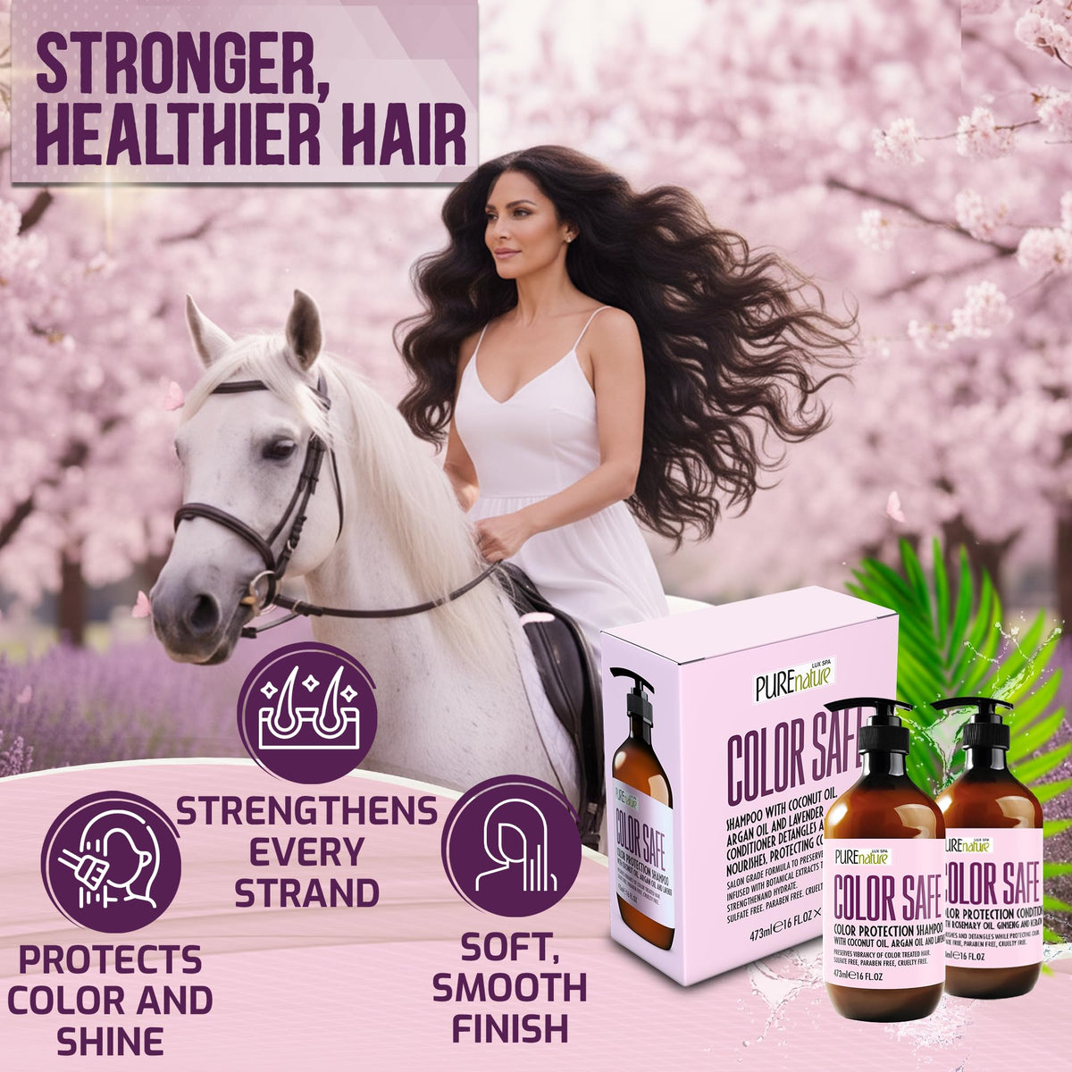 Lifestyle scene of PURE NATURE LUX SPA Color Safe Shampoo and Conditioner in bathroom