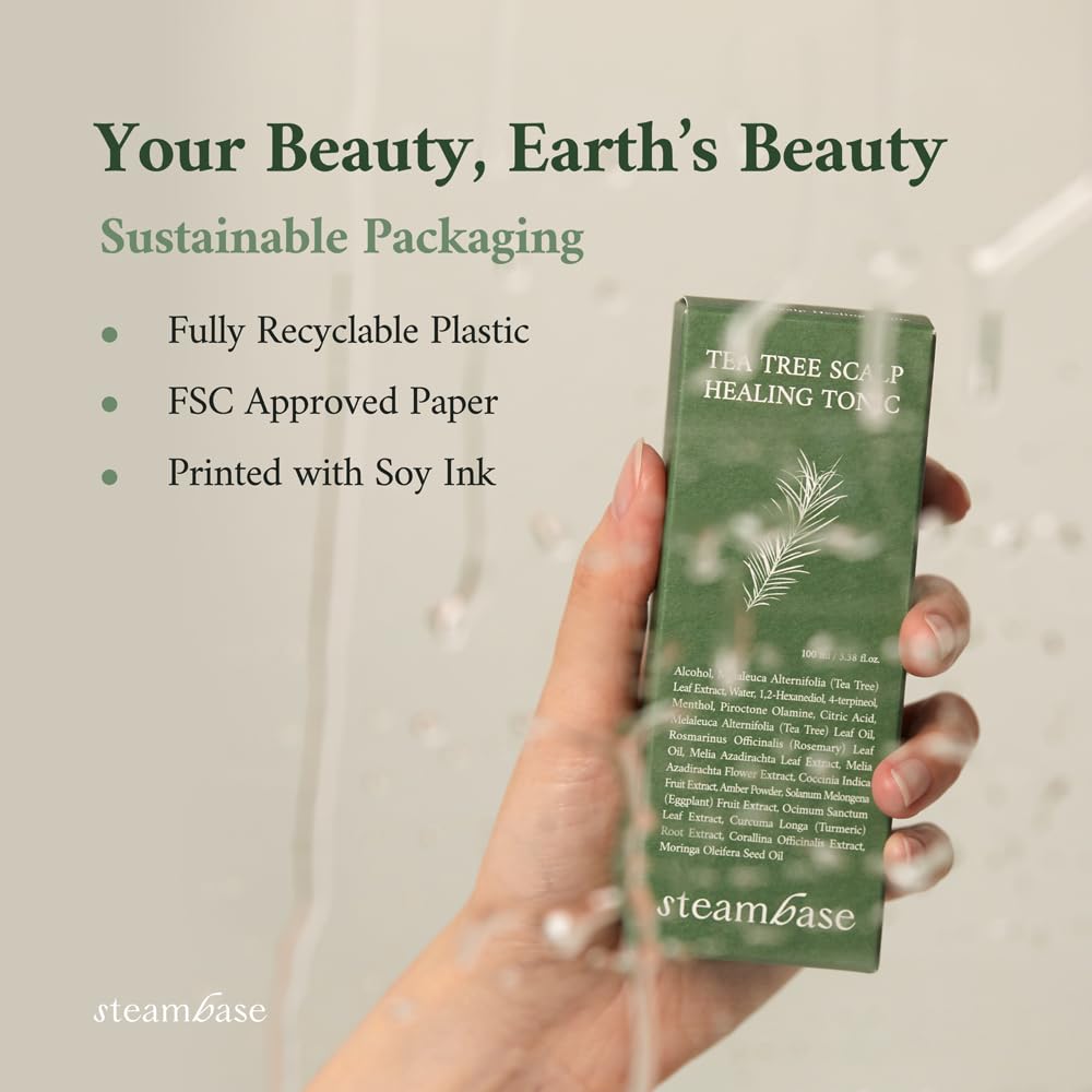 Lifestyle scene of STEAMBASE Tea Tree Scalp Healing Tonic in use