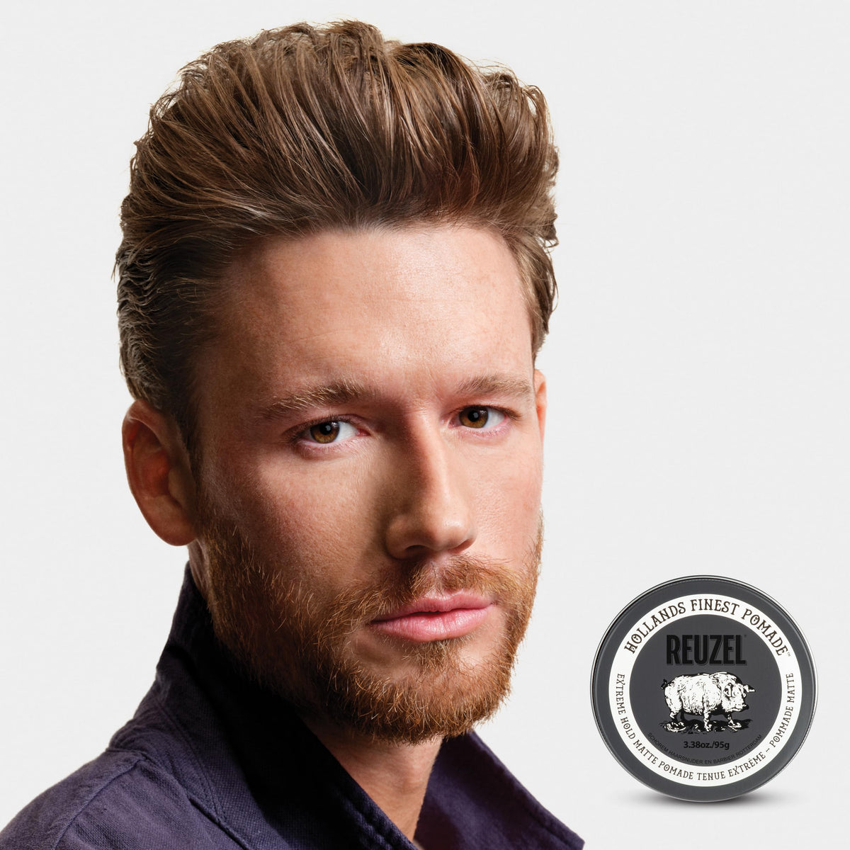 Lifestyle scene using REUZEL Extreme Hold Matte Pomade