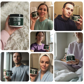 Lifestyle scene using Terramed Antifungal Body Scrub in shower