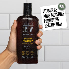 Lifestyle scene with AMERICAN CREW Deep Moisturizing Shampoo in bathroom