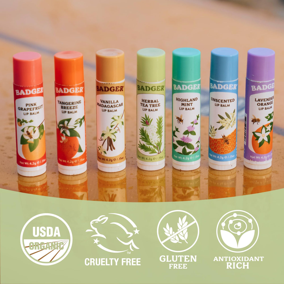 Lifestyle scene with Badger Tea Tree Lip Balm
