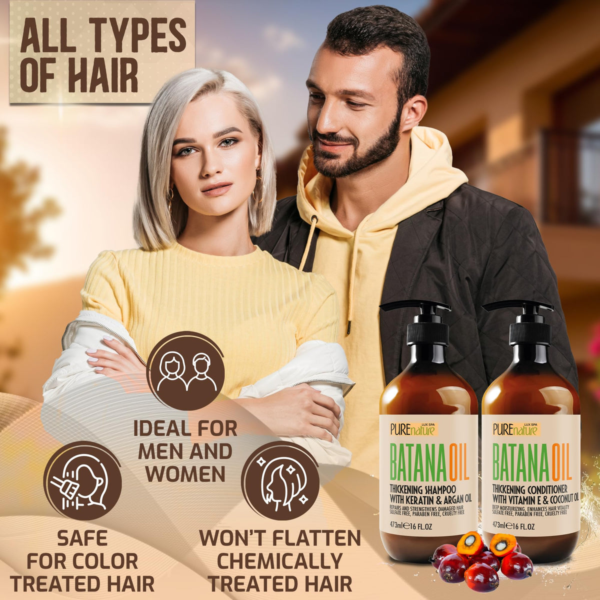 Lifestyle scene with Batana Oil Shampoo and Conditioner Set