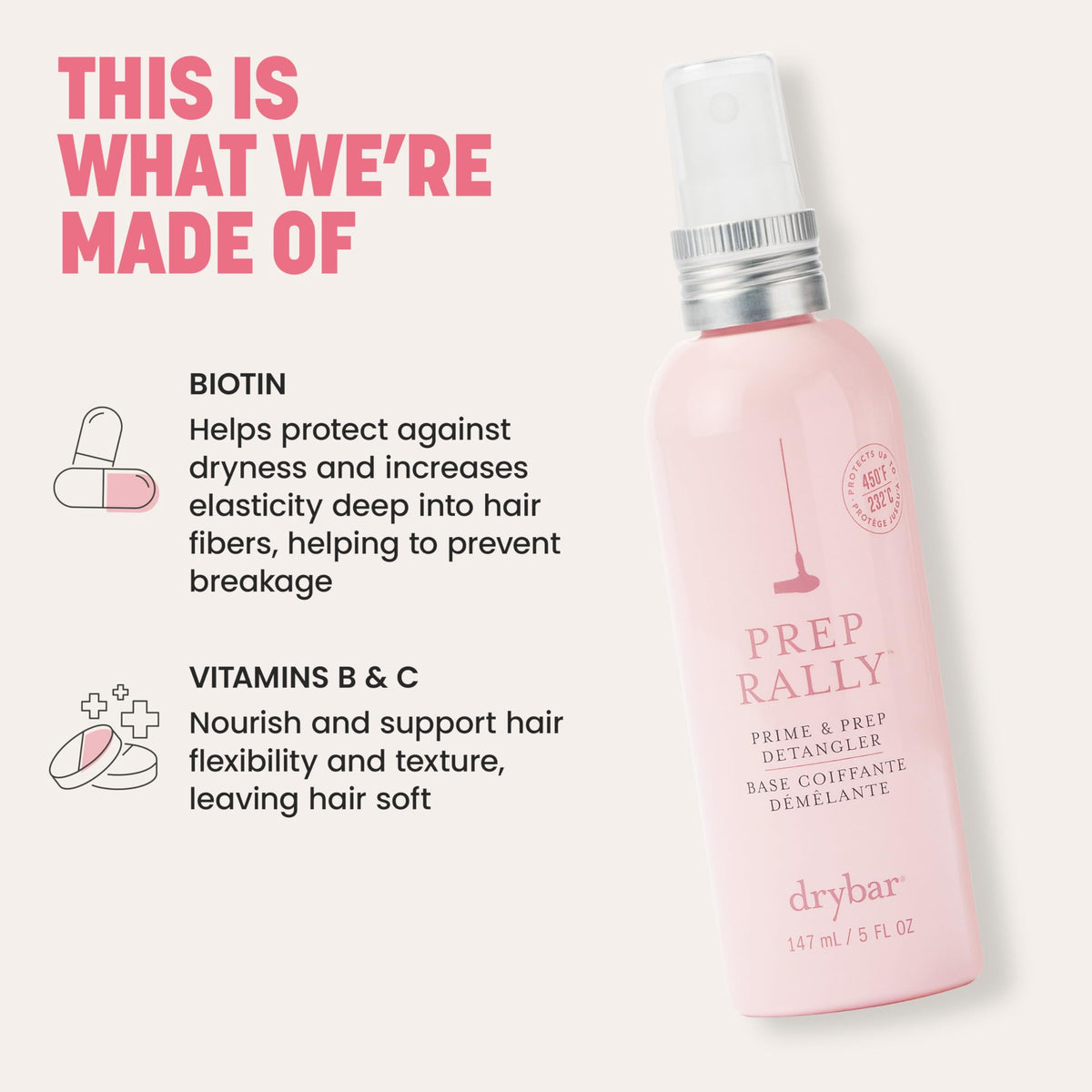 Lifestyle scene with Drybar Prep Rally & Prep Detangler 2 oz