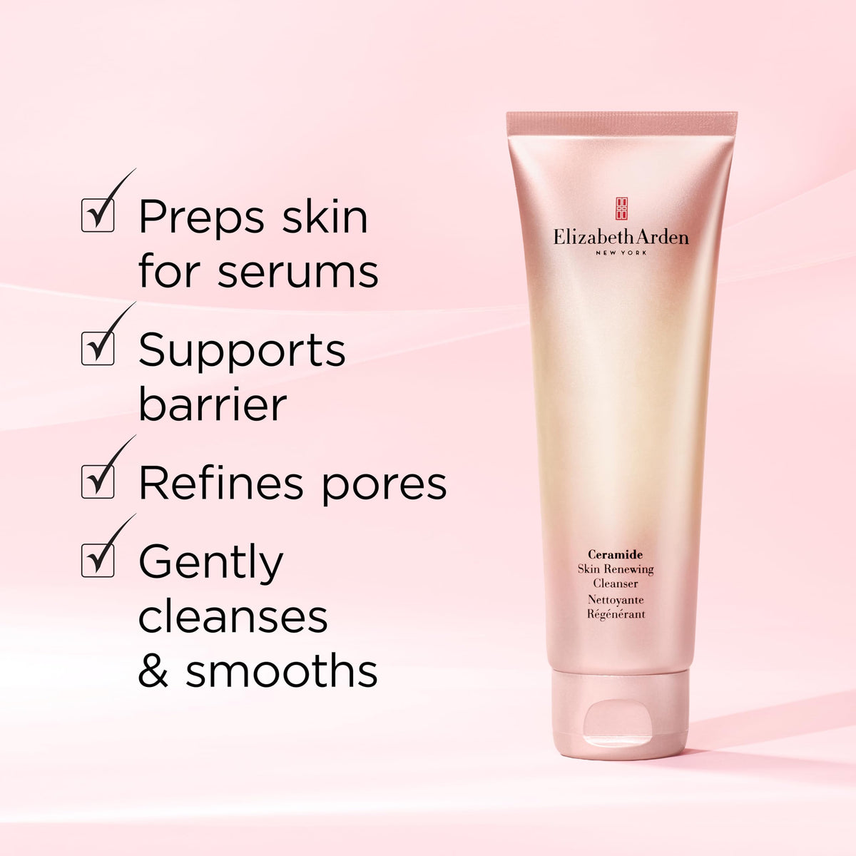 Lifestyle scene with Elizabeth Arden Ceramide Skin Renewing Facial Cleanser on bathroom counter