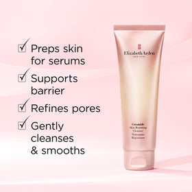 Lifestyle scene with Elizabeth Arden Ceramide Skin Renewing Facial Cleanser on bathroom counter