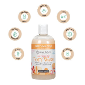 Lifestyle scene with Ginger Lily Farms Coconut Mango Body Wash in bathroom
