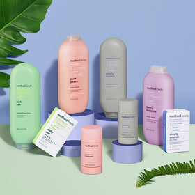 Lifestyle scene with Method Daily Lotion on a bathroom counter