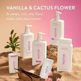 Lifestyle scene with Native Shampoo and Conditioner in bathroom