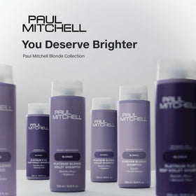 Lifestyle scene with Paul Mitchell Platinum Blonde Violet Shampoo in bathroom