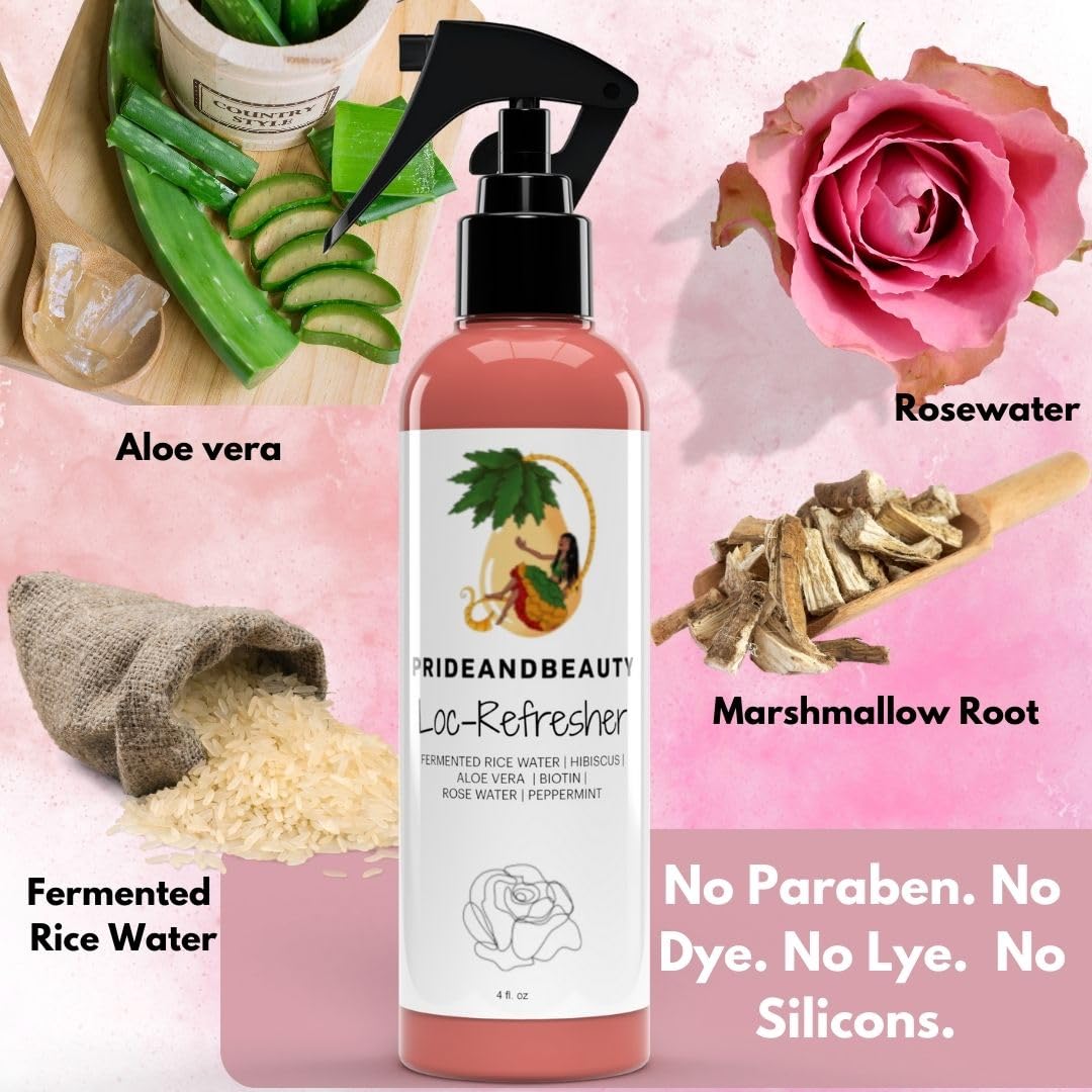 Lifestyle scene with PRIDE AND BEAUTY HAIR + SKIN RESTORATION Rose Water & Peppermint Loc Spray being used