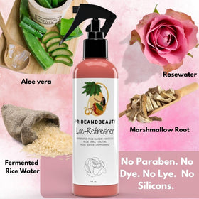 Lifestyle scene with PRIDE AND BEAUTY HAIR + SKIN RESTORATION Rose Water & Peppermint Loc Spray being used