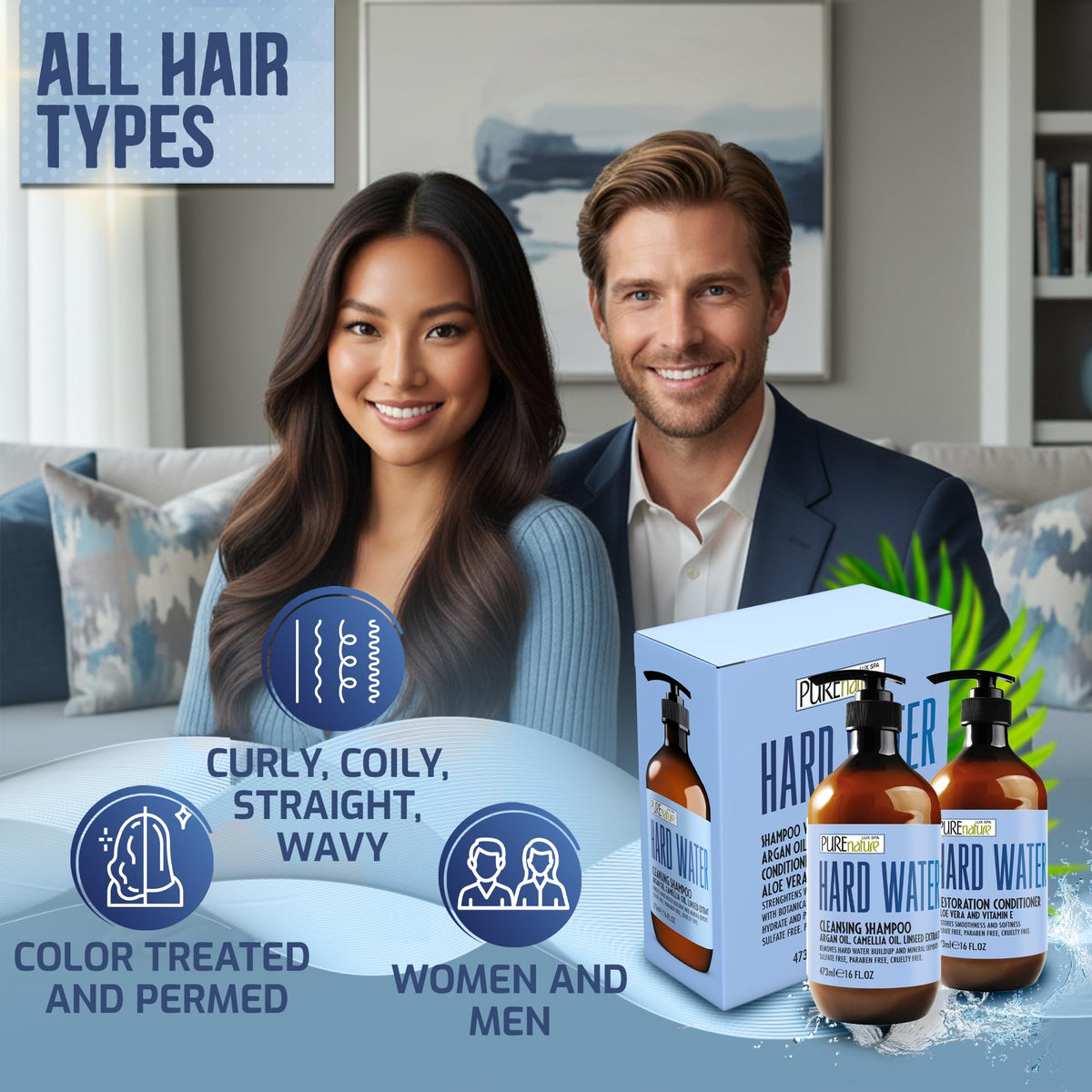 Lifestyle scene with PURE NATURE LUX SPA Hard Water Shampoo and Conditioner Set