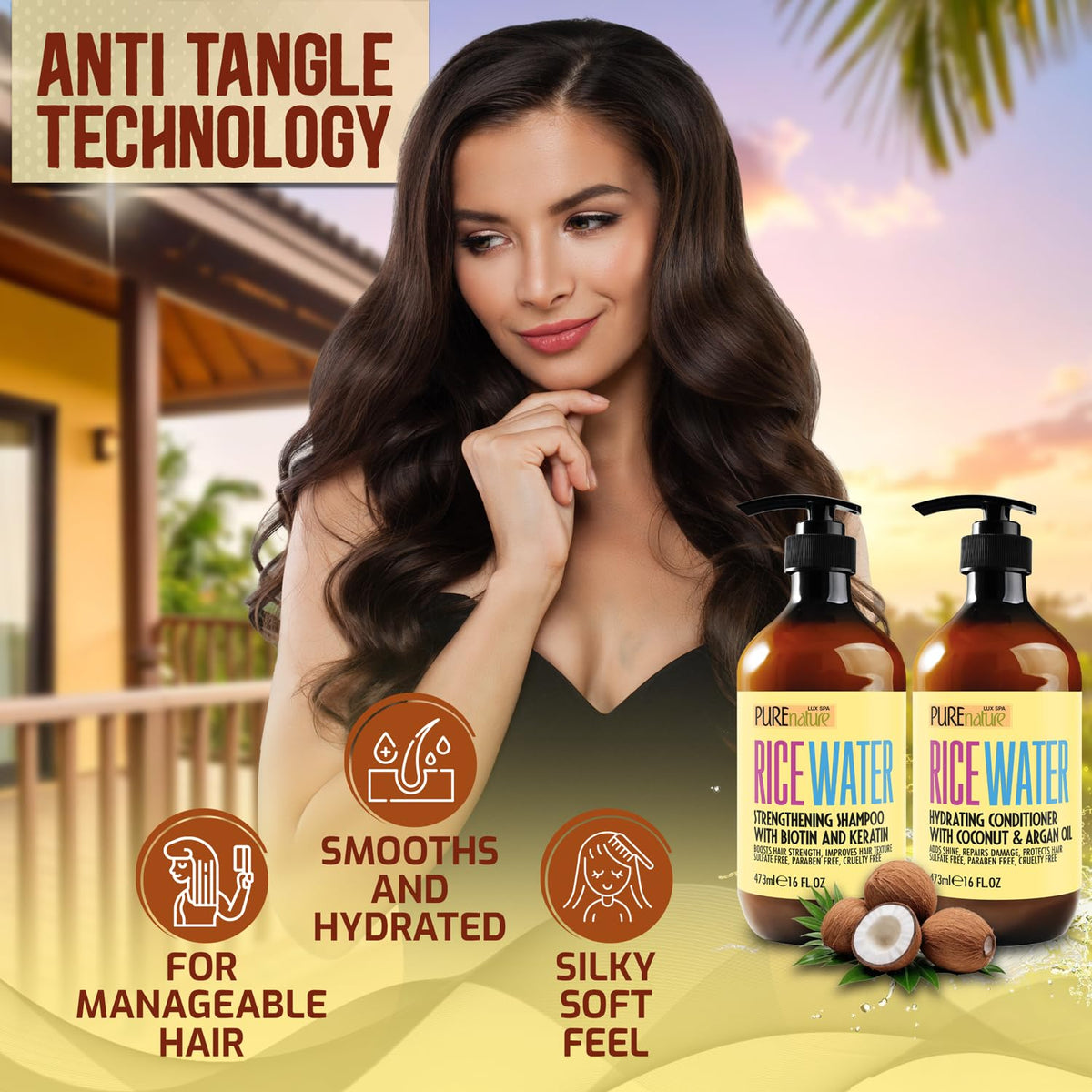 Lifestyle scene with PURE NATURE LUX SPA Rice Water Shampoo and Conditioner
