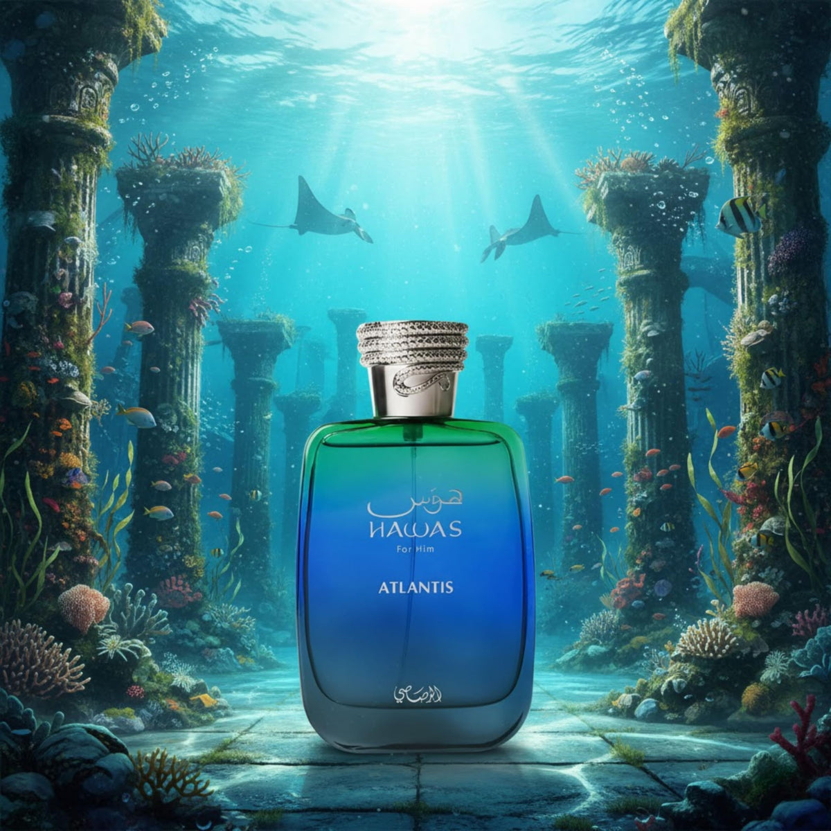 Lifestyle scene with RASASI Hawas Atlantis Eau de Parfum on vanity