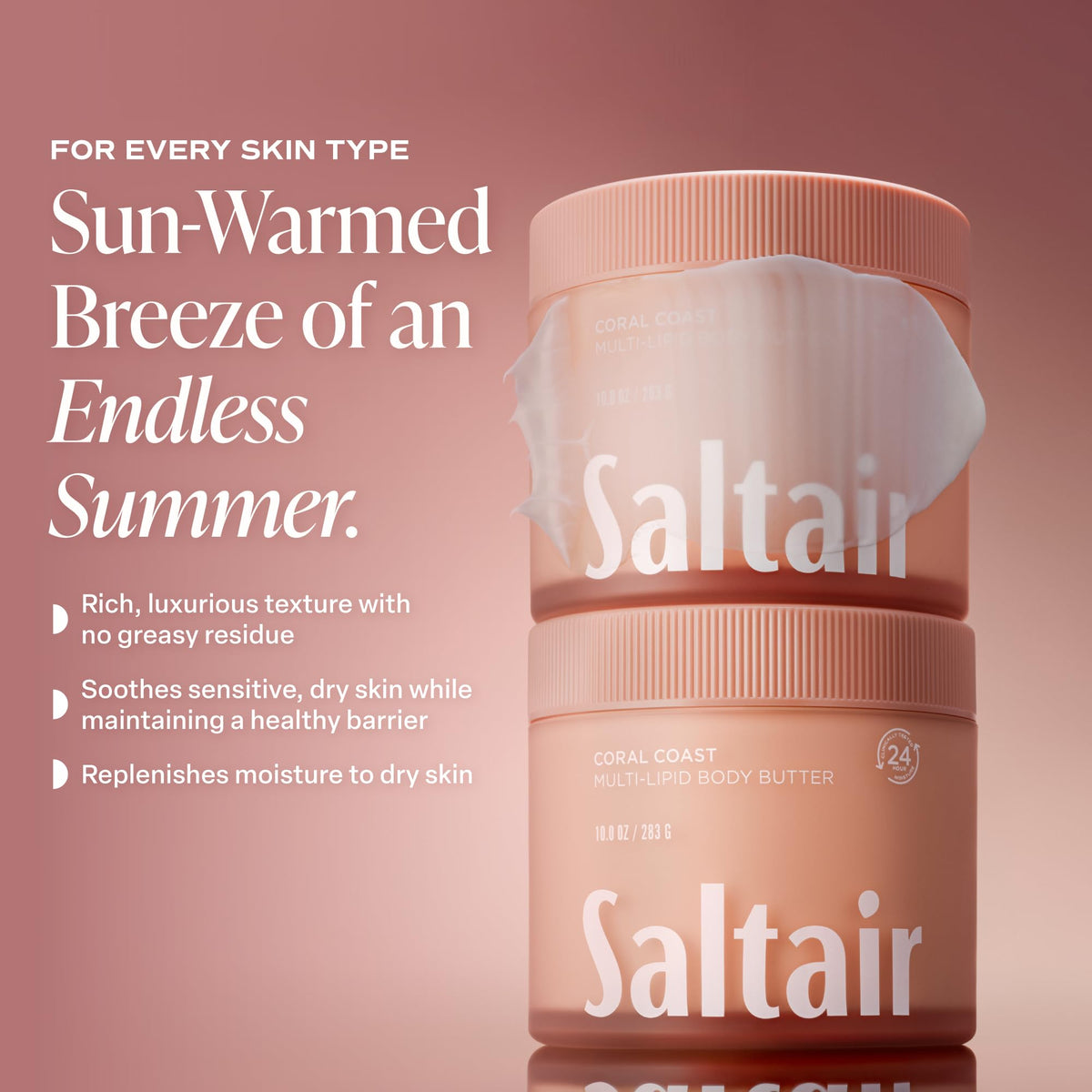 Lifestyle scene with Saltair Multi-Lipid Body Butter on a bathroom shelf